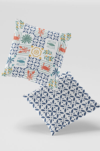 EsnafAli Σετ 2 καλύμματα μαξιλαριού ριχτάρι με μπλε γεωμετρικό θαλάσσιο σχέδιο