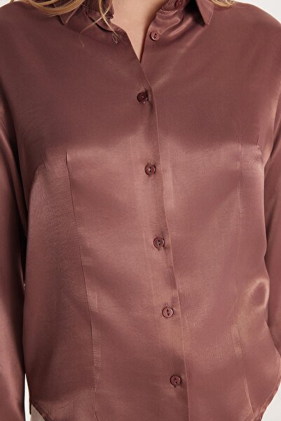Tudors Women's Slim Fit Slim Fit Long Sleeve Classic Collar Satin Dusty Rose Shirt