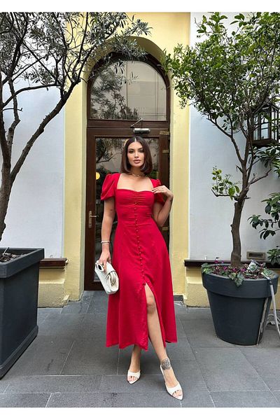 Stil Sepeti Rochie midi roșie pentru femei, cu guler inimă, mâneci balon, cu detaliu de nasturi ELY-10001655