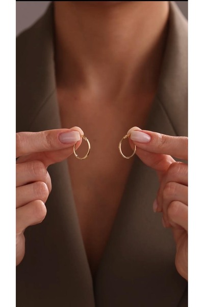 Bayar Gold 14 Ayar Altın İtalyan Sade Çizgili Oval Küpe