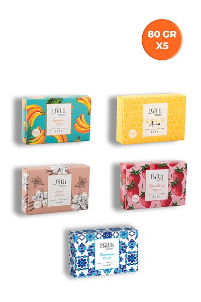 THE BATH FACTORY Solid Soap Set of 5 (Banana+Turkish Bath+Gold Aura+Strawberry+Vanilla)