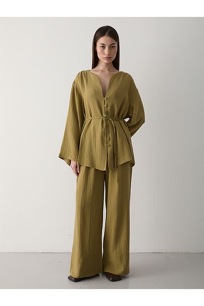Laluvia Khaki Multi Button 100% Cotton Shirt Pants Set - 8377