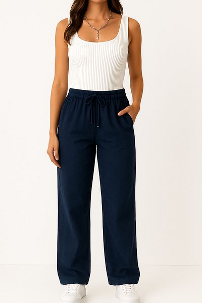 Firststops Women's Navy Blue Pants – High Waist, Lace-Up, Comfortable Loose Fit, Casual Stylish Choice