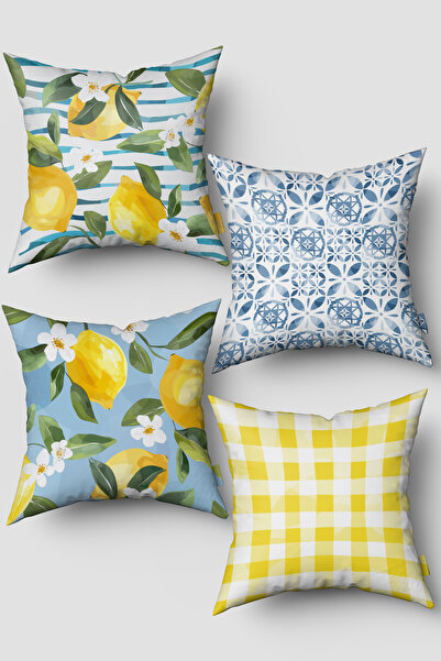 EsnafAli Yellow Blue Lemon Flower Patterned Decorative Throw Pillow Cover Set...