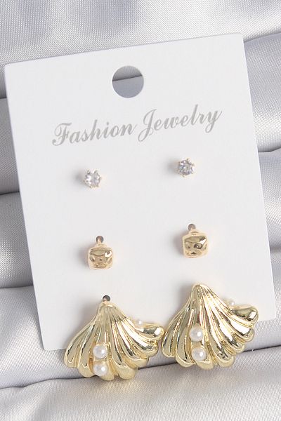 Skygo Brass Gold Color Zircon Stone Pearl Detailed Sea Shell Model 3 Pairs Women Earrings Set - Tj-Bkp10617