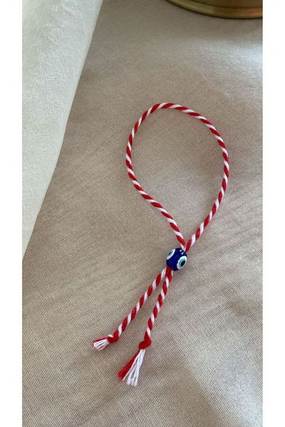 BAE ATOLYE 1 Piece Evil Eye Beaded Martenitska Red and White Lucky Bracelet - March Thread Wishing Bracelet