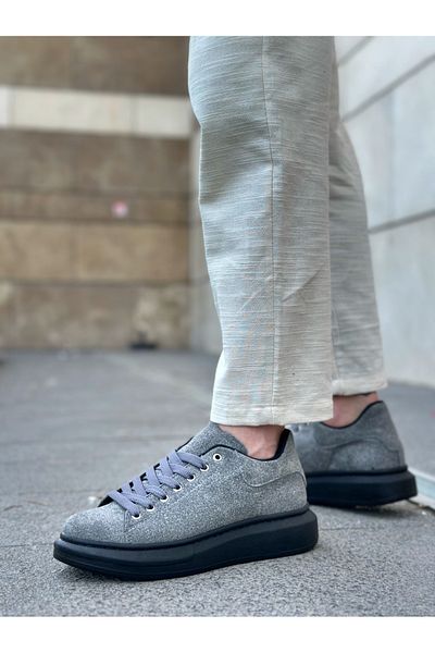 MehLey Ml0547 Thick High Sole Gray Black Suede Lace-Up Sports Men's Shoes