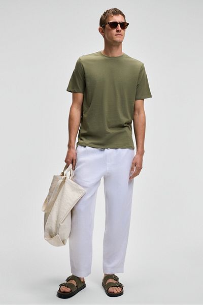 GRIMELANGE Mocassin Men's 100% Cotton Relaxed Fit Round Neck Short Sleeve Khaki T-Shirt