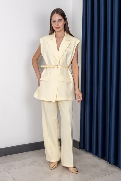 Stil Sepeti Women Yellow Premium Double Breasted Collar Lined Belted Long Blazer Vest Pants Suit Drl-10007855710