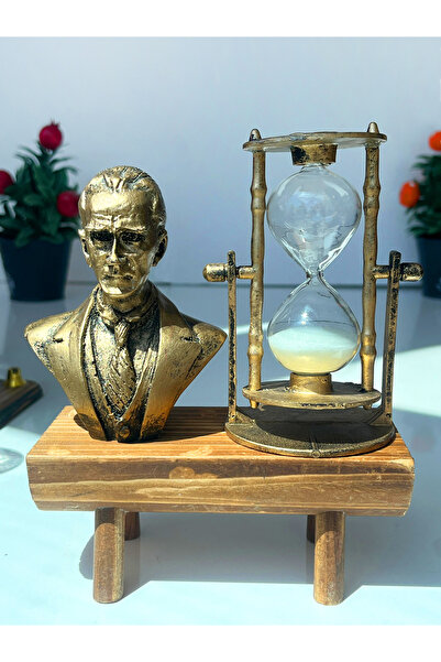 Teknookul Atatürk Büstü ve Kum Saati Ahşap Standlı Dekoratif Biblo | Masa Üstü Zaman ve Atarürk Figürü