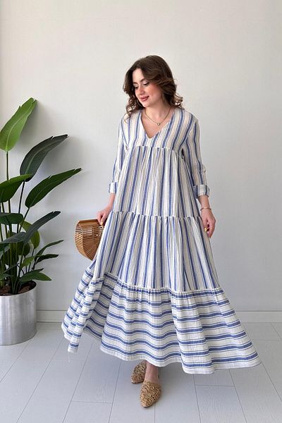 MaziButik Rochie boemă în dungi Albastru