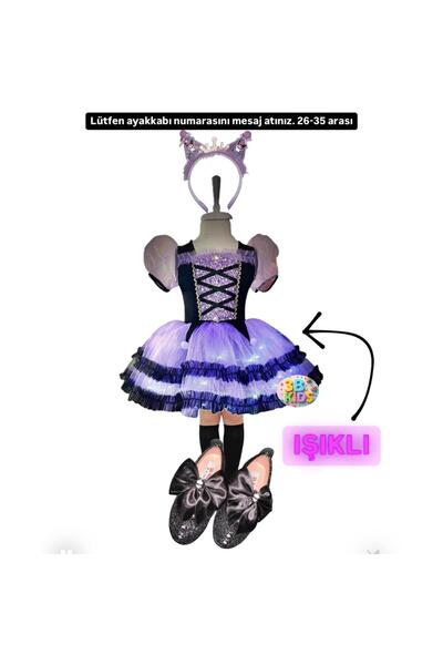 3b kids kuromi ışıklı elbise kostüm kuromi taç kuromi siyah babet kuromi çora...