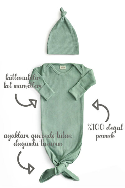 Minuche Ribbed and Bottom Tie Baby Bodysuit and Beanie Set 100% Cotton - Easy Bottom Opening Design