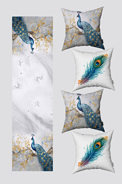 EsnafAli طقم غطاء وسادة وغطاء وسادة مكون من 4 قطع من ريش الطاووس الاستوائي باللونين الأزرق والأبيض