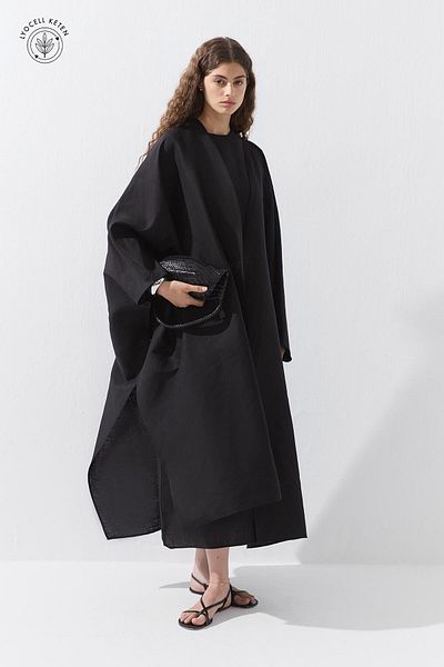 Hooopstore Lyocell Linen Bat Sleeve Μακρύ Μαύρο Κιμονό