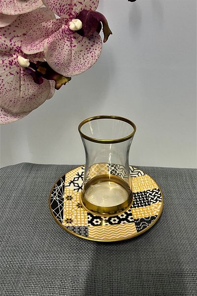 Paşabahçe 12 Pieces Tea Set with Pasabahce Heybeli Tea Cup and Porcelain Plate