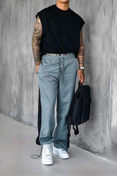 ablukaonline Men's Striped Baggy Fit Technical Trousers Gray