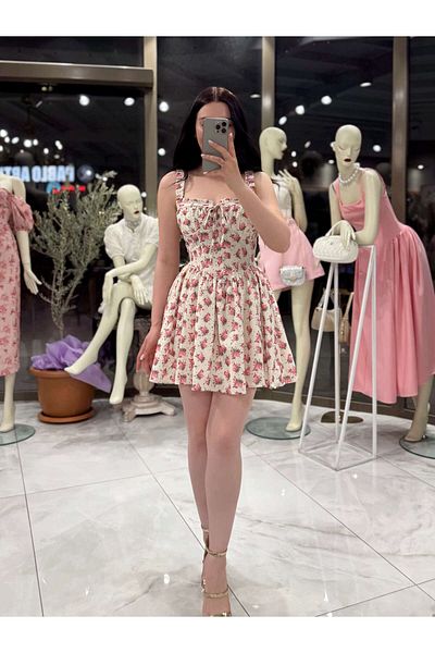 missswans Κρέμα μίνι φορέματος Sweety με λουλουδάτο μοτίβο με δέσιμο μπροστά