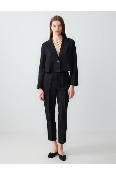 Jimmy Key Black 100% Linen Straight Cut Long Sleeve Short Jacket