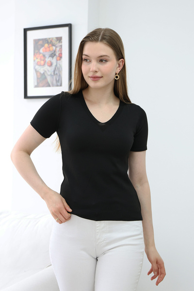 ALCHON بلوزة بادي بأكمام قصيرة ورقبة على شكل حرف V بلون سادة وبسيطة وقصيرة أس...