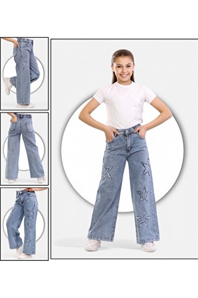 ModiClas % 100 Pamuk-Taş Yıkamalı-Yıldız Nakış Detaylı-Kız Çocuk Kot Palazzo