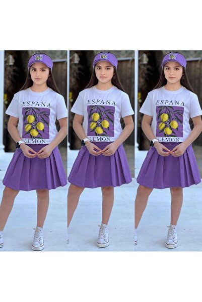 Butik LİMON BASKILI ŞORT ETEK DETAYLI 3LÜ KIZ TAKIMLAR
