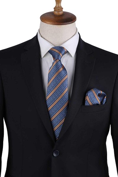 Kravatkolik Classic Tie with Blue Stripe Pattern Handkerchief Kk13190