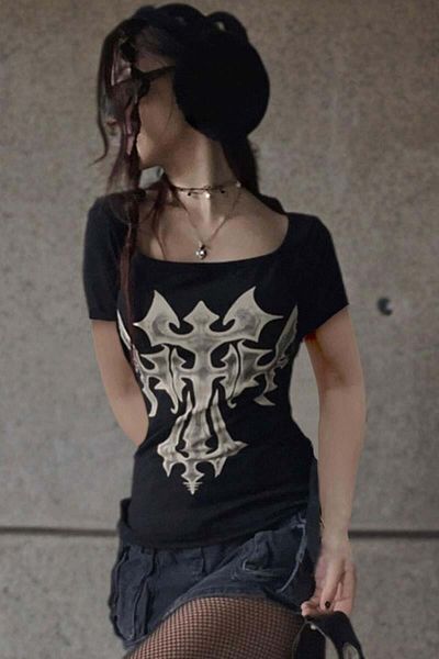 Köstebek Black Gothic Square Neck Short Sleeve Crop T-Shirt