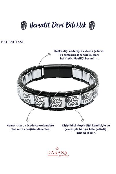 DAKANA JEWELLERY Certified Engraved Hematite Natural Stone Men's Black Leather Bracelet