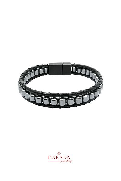 DAKANA JEWELLERY Certified Cylinder Cut Hematite Natural Stone Men's Leather Bracelet