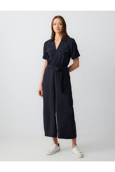 Jimmy Key Black Polo Neck Short Sleeve Belt Detailed Woven Jumpsuit