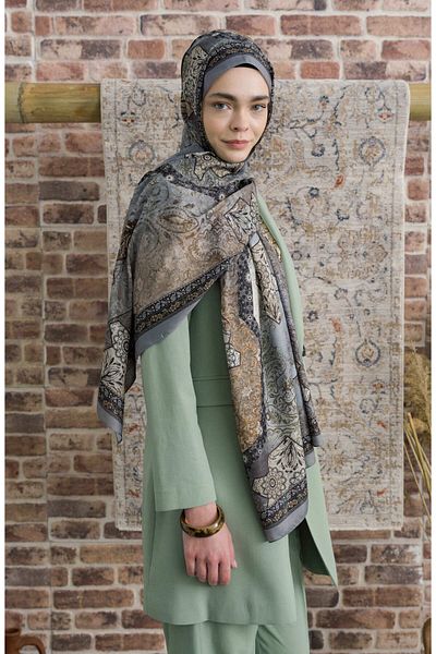 Fatma Atasoy Glorina Gray Ethnic Patterned Shawl