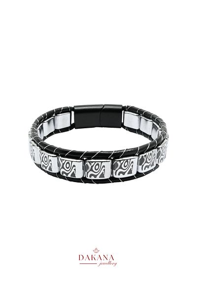 DAKANA JEWELLERY Certified Engraved Hematite Natural Stone Men's Black Leather Bracelet