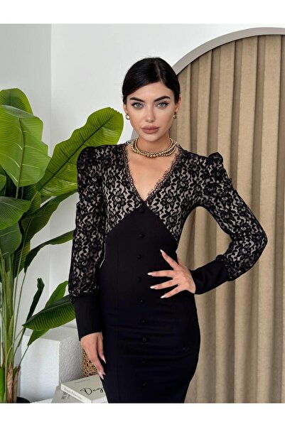 conconmoda Dantel Düğme Detay Uzun Maya Elbise