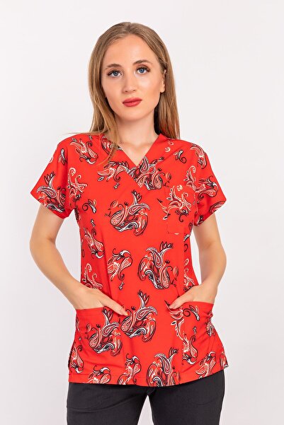 Nur Medikal Giyim Uniformă unisex roșie cu model autentic din lycra pentru me...