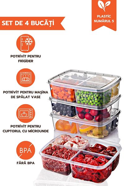 Ginza Maison Set 4 Cutii Alimentare, Transparente, Fiecare Cu 4 Compartimente 21x15x6 Cm