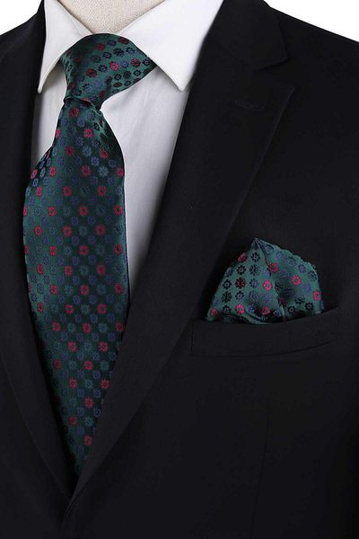 Kravatkolik Classic Tie with Green Motif Pattern Handkerchief Kk13186