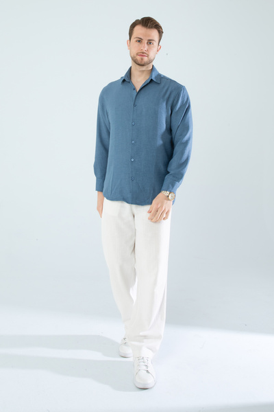 a02teks Férfi jégkék vászon texturált túlméretes ing (SZÉLES VÁGÁS)