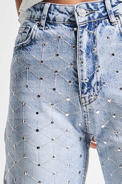 its basic Blugi de damă Culoare 4s5-3 Bright Symmetrical Stone Straight Fit Design cu talie înaltă Blugi din denim