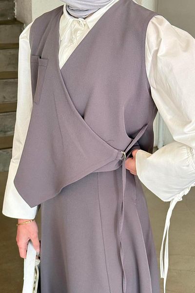 lamelif Lacing Detailed Hijab Suit Gray