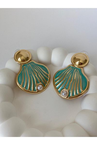 marsel aksesuar Mussel Figured Pearl Detail Green Earrings