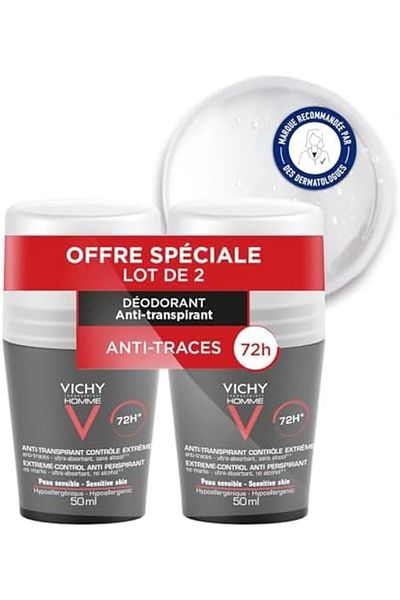 Vichy مزيل عرق رول أون مضاد للتعرق للرجال يدوم 72 ساعة، عبوة من قطعتين (2 × 50 مل)