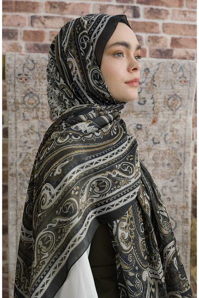 Fatma Atasoy Presya Khaki Ethnic Patterned Shawl