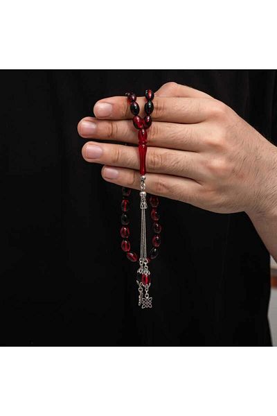 alsepeteavm Ασημένια φούντα που σφίγγει κεχριμπαρένιο ροζάριο