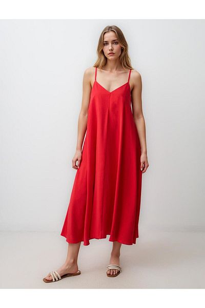 Jimmy Key Red Relaxed Cut V-Neck Strap Woven Midi Dress