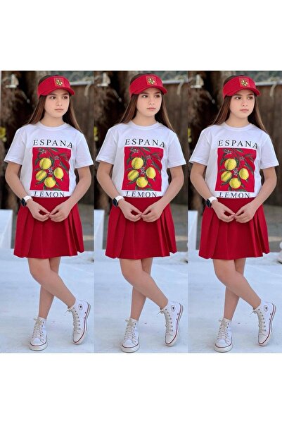 Butik LİMON BASKILI ŞORT ETEK DETAYLI 3LÜ KIZ TAKIMLAR