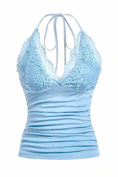 Köstebek Blue Lace Tie-Up Crop Blouse