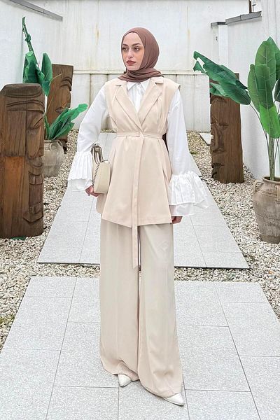 lamelif Slim Belted Vest Suit Beige