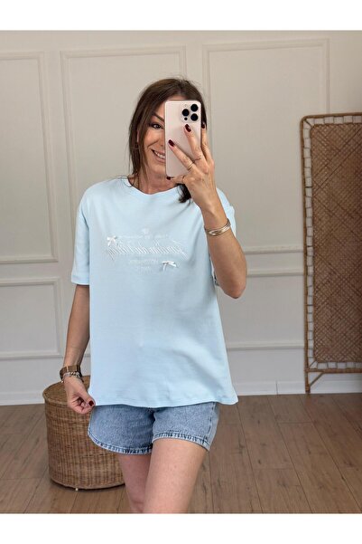 X-Young Detaliu panglică cu broderie text tricou ALBASTRU DESCHIS