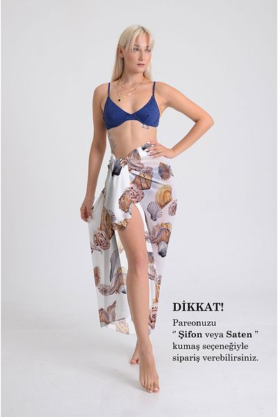 DESENİX Seashells Print Pareo - 100X145 cm - Silky Chiffon & Luxurious Satin Fabric Option- Beach Dress
